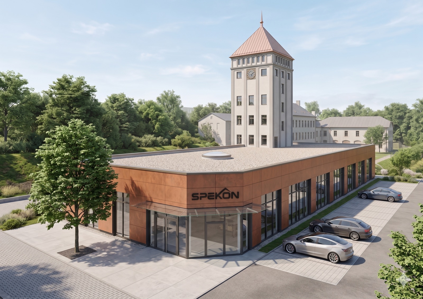 Visualisierung mit Trespa-Fassade und Kupferdach